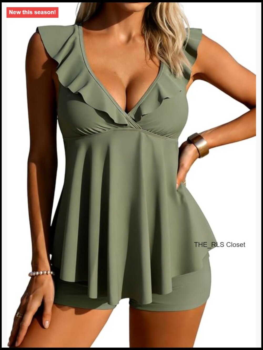 Tummy Control Tankini Set Flowy V Neck Top High Waisted Boyshorts